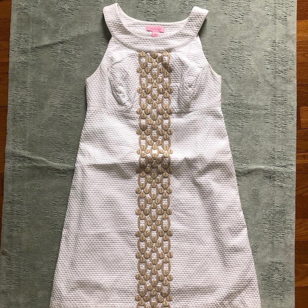white and gold lilly pulitzer shift dress